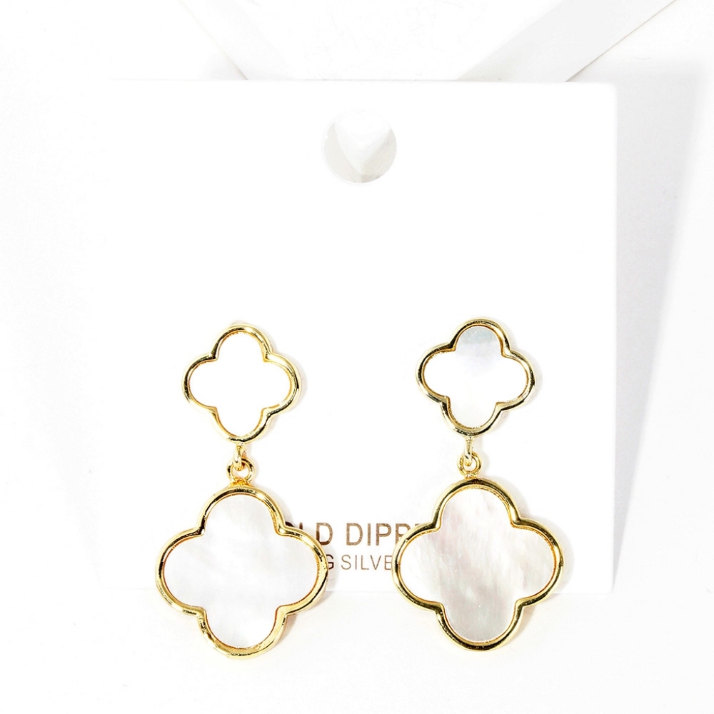 Gold Dipped Double Quatrefoil Drop Dangle Earrings 1.25" Casual Clover Jewelry